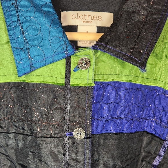 Y2K Boho Patchwork Jacket Raw Hem Blue Green Lagenlook Cottage Plus Size 1X New‎ - Picture 3 of 12